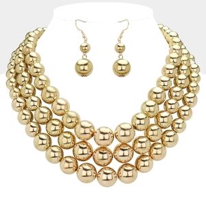 Gold Metal Ball Beaded MultiLayered Bib Necklace Set Triple Row